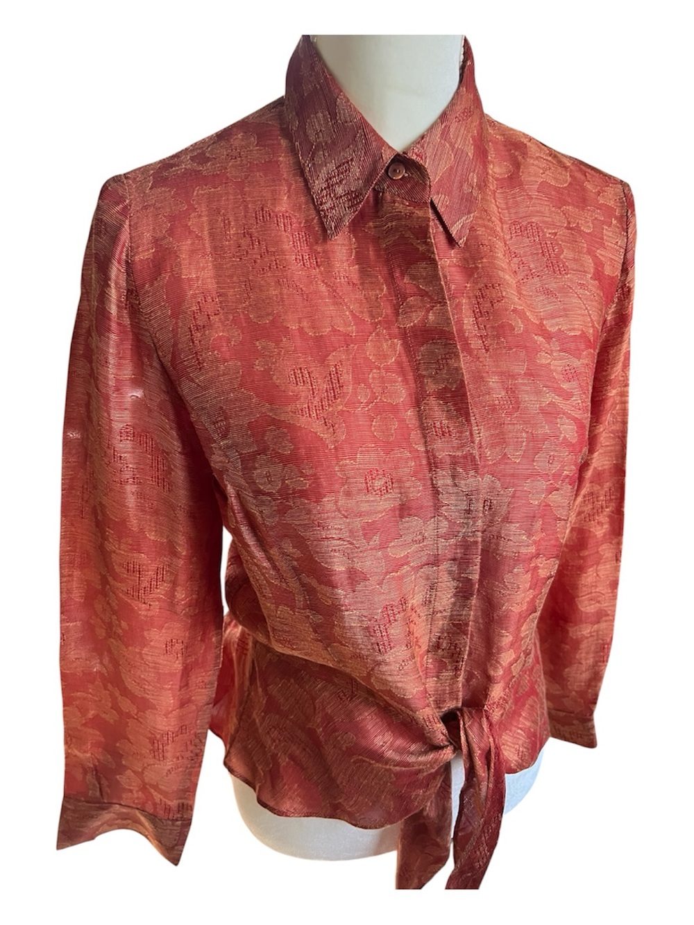 Lafayette 148 Red Silk and Linen Floral Jacquard Tie Front Blouse Size 8 - Picture 3 of 11
